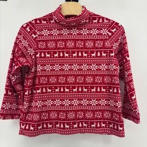 Lands' End Fleece Pullover‎ Women 1X Red Fair Isle Reindeer Snowflake Turtleneck
